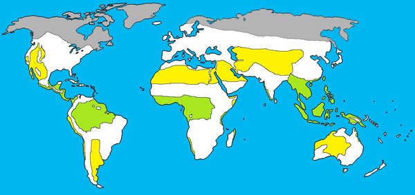 holocene map of the world, showing desert, jungle and areas too  cold to farm