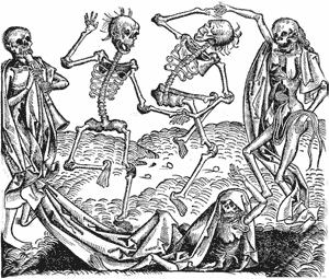 Skeletal victims of the plague perform the dance of death, from the 15th century Nuremberg Chronicles