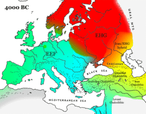  Western Eurasia/Europe around 4000 BC, with Early European farmers (largely descended from Anatolian Neolithic peoples) dominating much of Europe and mixing of EHG, CHG and Near Eastern neolithic populations between the Black Sea and Caspian Sea.