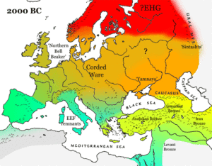 Europe/Western Eurasia 2000 BC as before but Yamnaya populations have spread across northern Europe, with some admixture of EEF farmers, and further spread of CHG type populations into Anatolia. 