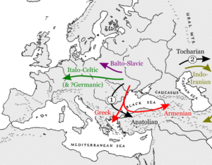 Map of western Eurasia, showing the general view of the spread of Indo-European language familes from a homeland in the steppe north of the Caucasus and Black Sea.